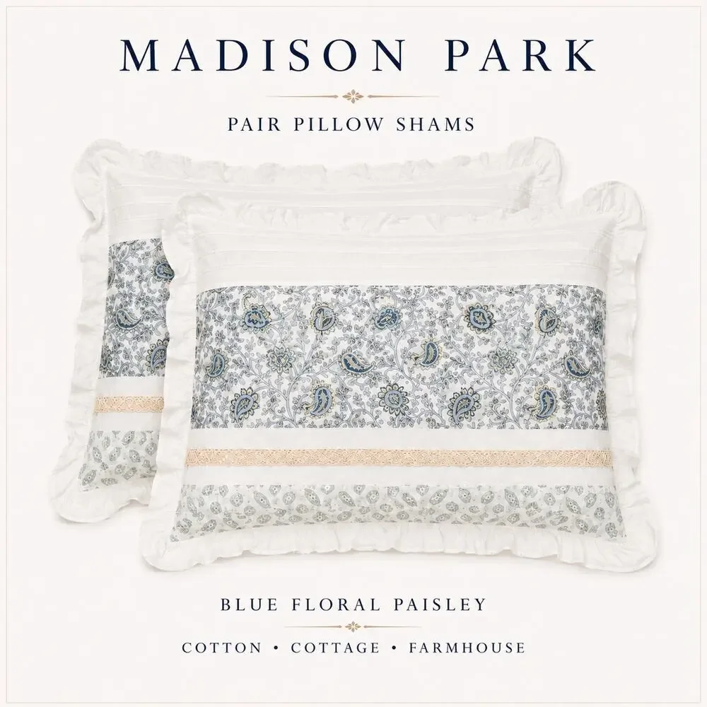 Madison Park Pair Pillow Shams Blue Floral Paisley Cotton Cottage Farmhouse